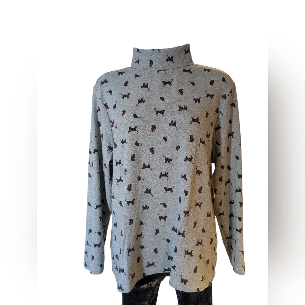 Karen Scott Gray Turtleneck Sweater with Dog Pattern